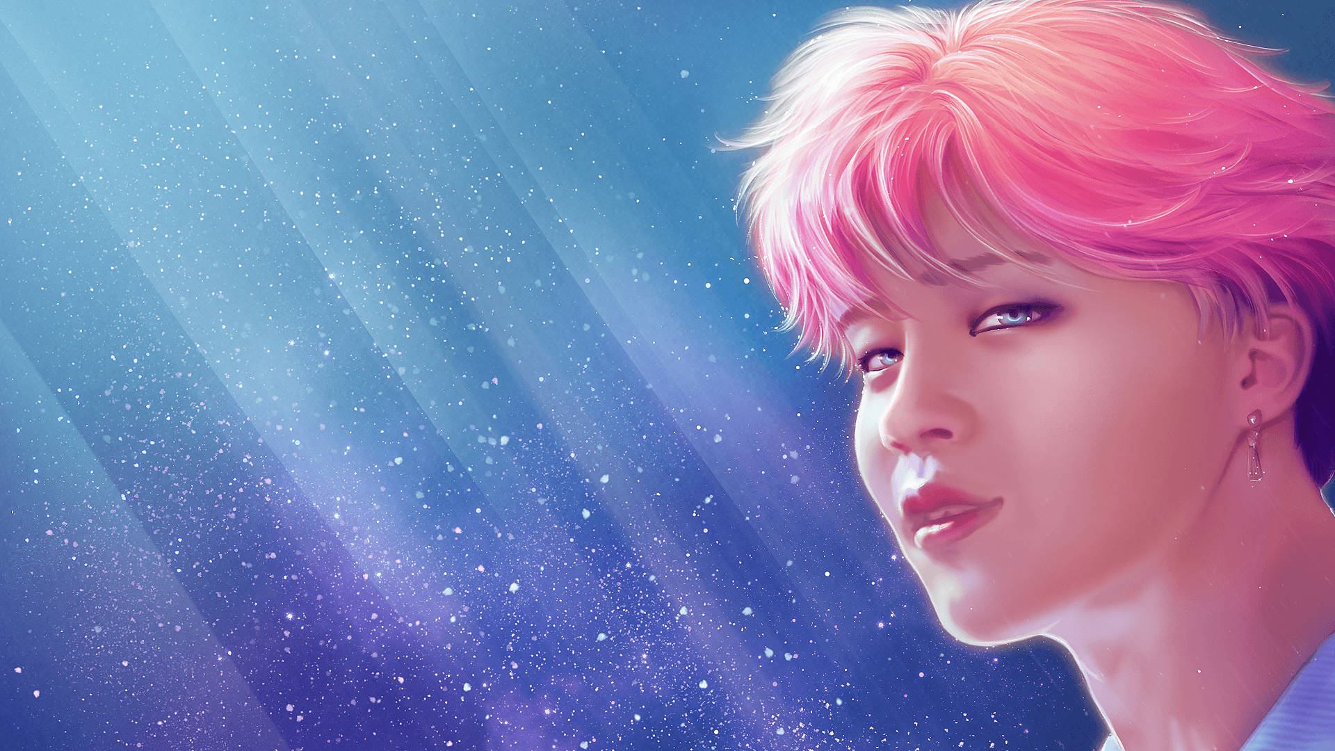 BTS 朴智旻 可愛藝術 壁紙 — 一個擁有充滿活力的粉紅色頭髮的人，在帶有光芒和閃爍粒子的宇宙藍色背景前溫柔地凝視。