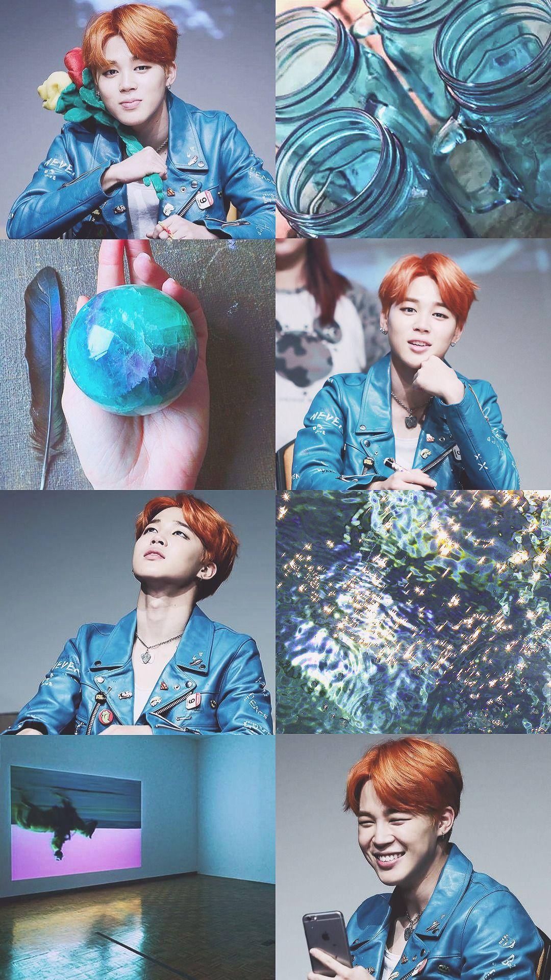 BTS 朴智旻藍色美學拼貼 壁紙 — 一個年輕男子，橙色頭髮，身穿藍色皮褸，以不同姿勢和場景組成的拼貼畫。