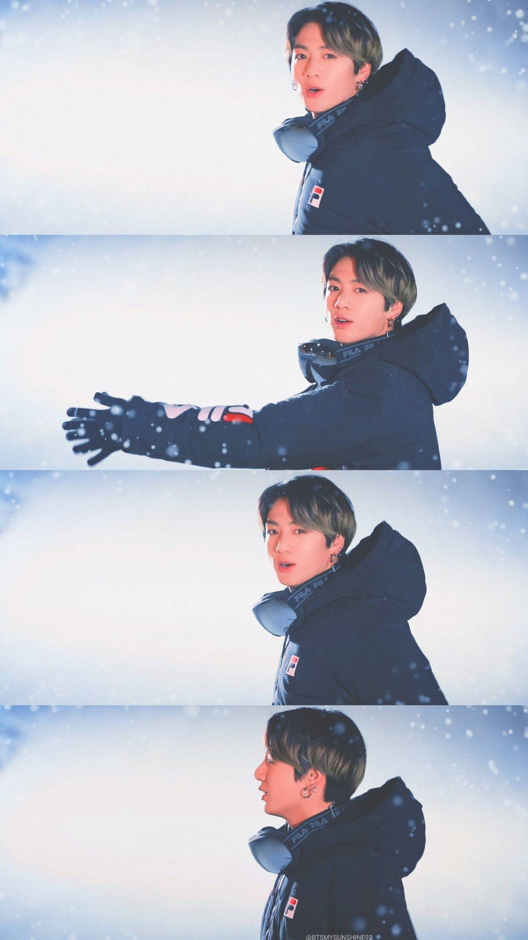 年輕男子身穿冬季外套在飄雪中對著明亮天空擺姿勢