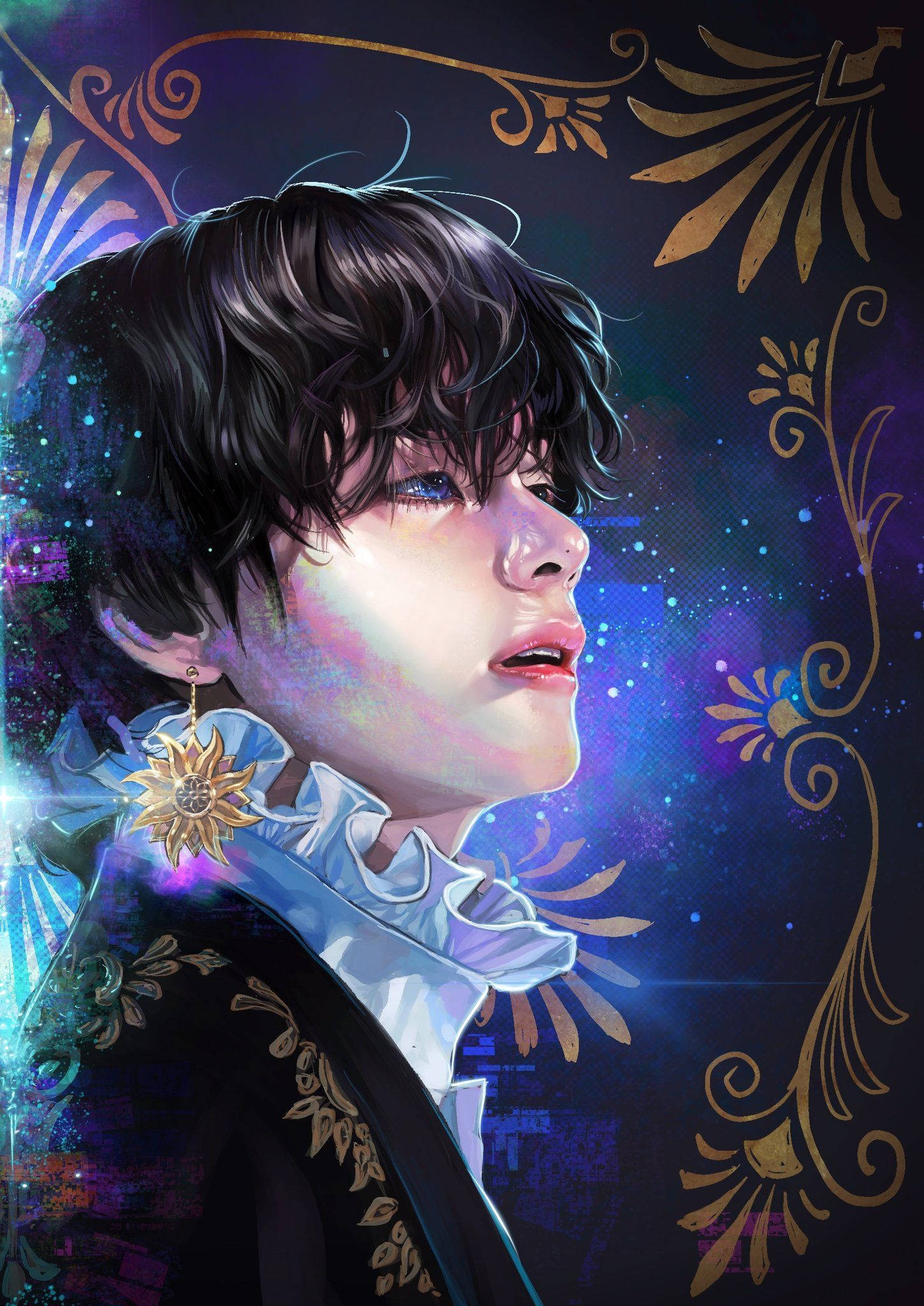 BTS 田柾國粉絲創作畫 壁紙 — 一個風格化的動畫肖像，描繪一位黑髮、眼睛發光的年輕男子，背景是帶有金色花卉圖案的宇宙紫色背景。