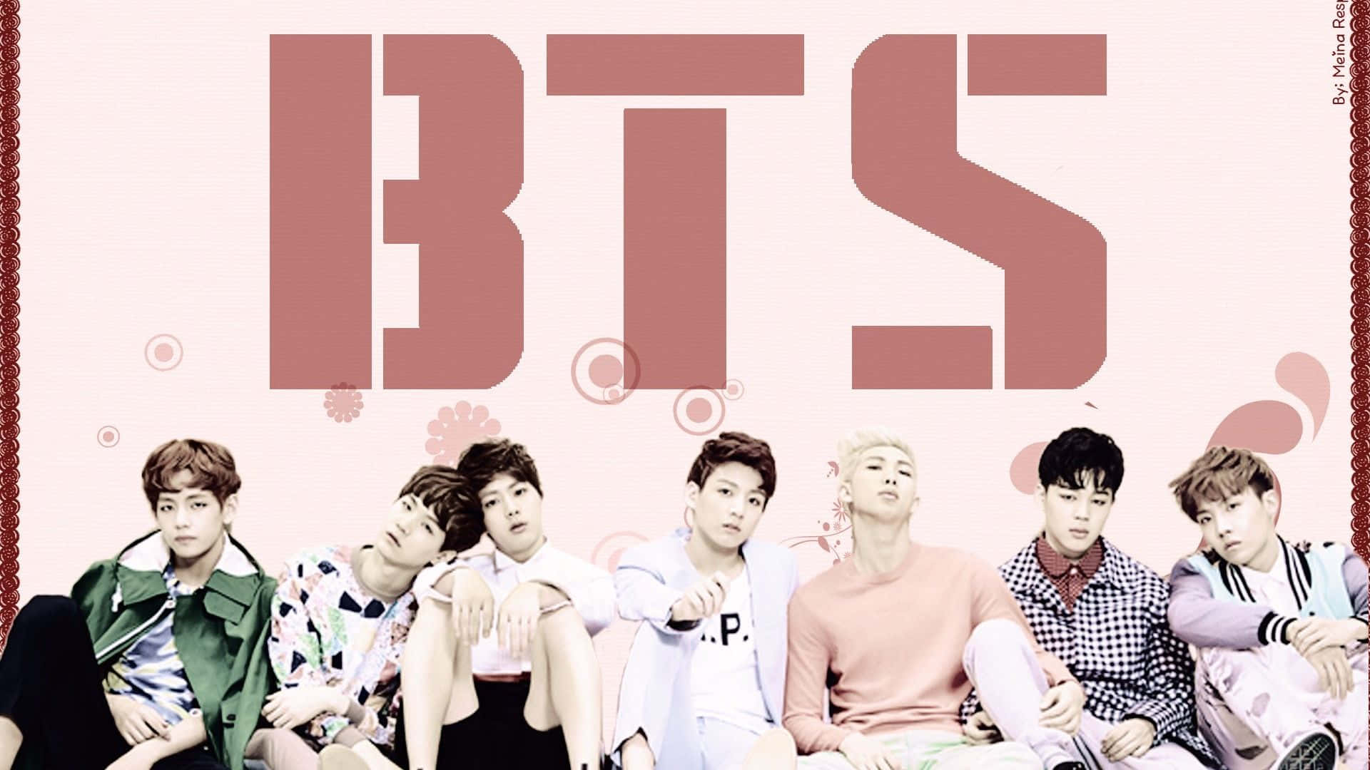 七位年輕K-pop偶像在大型粉紅色BTS文字下一起擺姿勢。