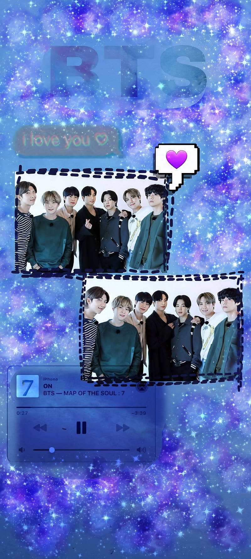 BTS 紫色美學粉絲藝術壁紙 壁紙 — BTS 成員出現在相框中，背景是閃爍的紫色銀河，帶有音樂播放器和心形圖標。