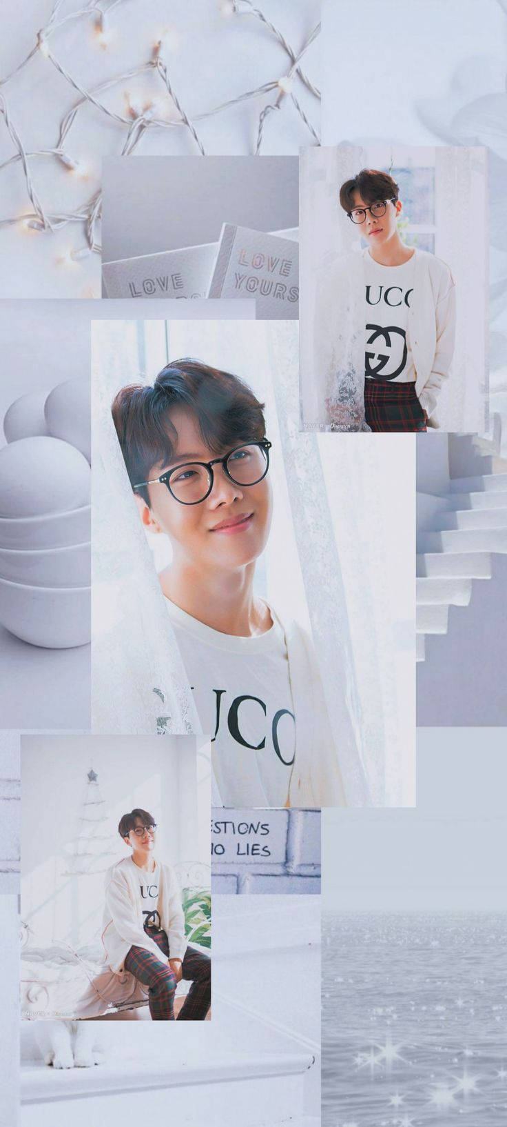 BTS 美學J-Hope 白底壁紙 壁紙 — 柔和白色拼貼畫，展示一位戴眼鏡的年輕男子穿著品牌T恤，置身於燈串和簡約裝飾中。