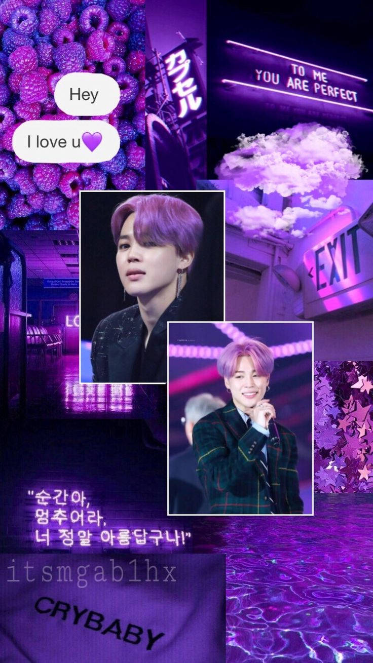 BTS 美學朴智旻紫色粉絲藝術壁紙 壁紙 — 一個充滿活力的紫色主題拼貼畫， featuring 一個K-pop偶像的表演和隨拍照片、霓虹燈牌和浪漫文字疊加。
