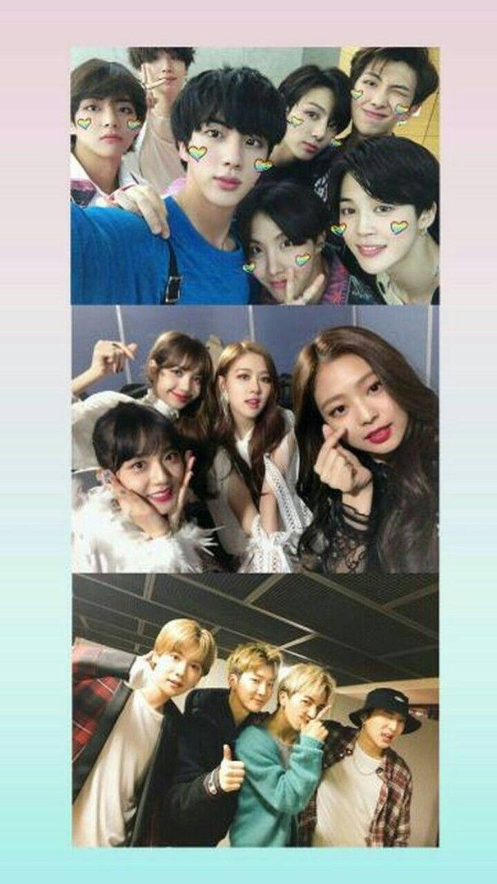 BTS 與 BLACKPINK 可愛自拍合輯 壁紙 — 三個拼貼面板展示K-pop偶像在柔和粉彩背景前，以心形濾鏡和燦爛笑容俏皮擺姿勢。