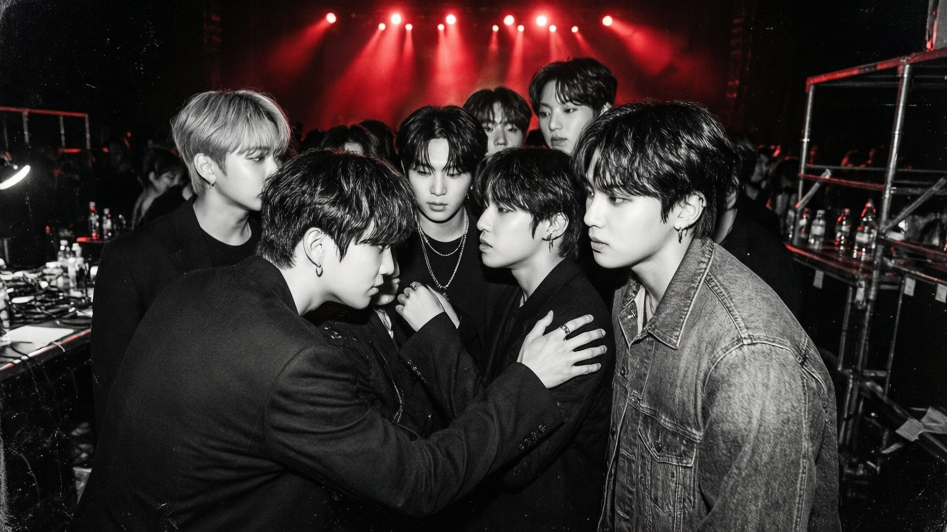 K-pop 樂團成員在紅色舞台燈光下聚集在後台。