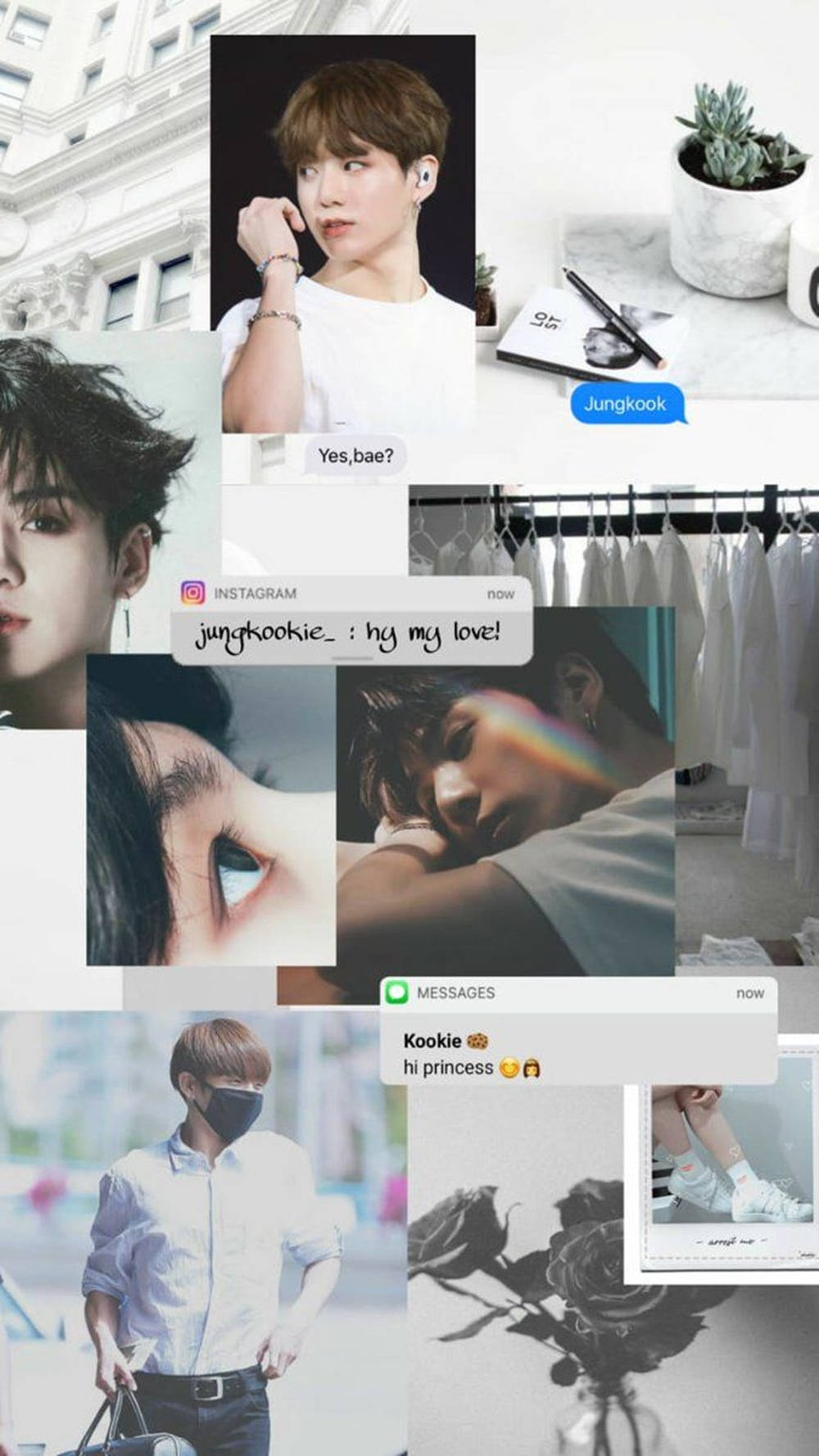 Jungkook照片和Instagram訊息的拼貼畫，附玫瑰。