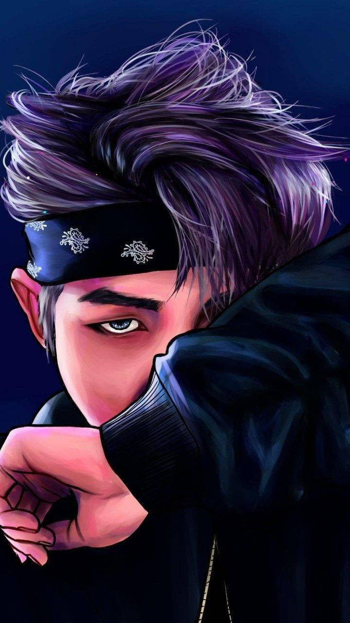 BTS 金南俊藝術圖 壁紙 — 一個風格化的數碼肖像，描繪一位紫髮、戴黑色頭巾的年輕男子從袖子後面探出頭來。