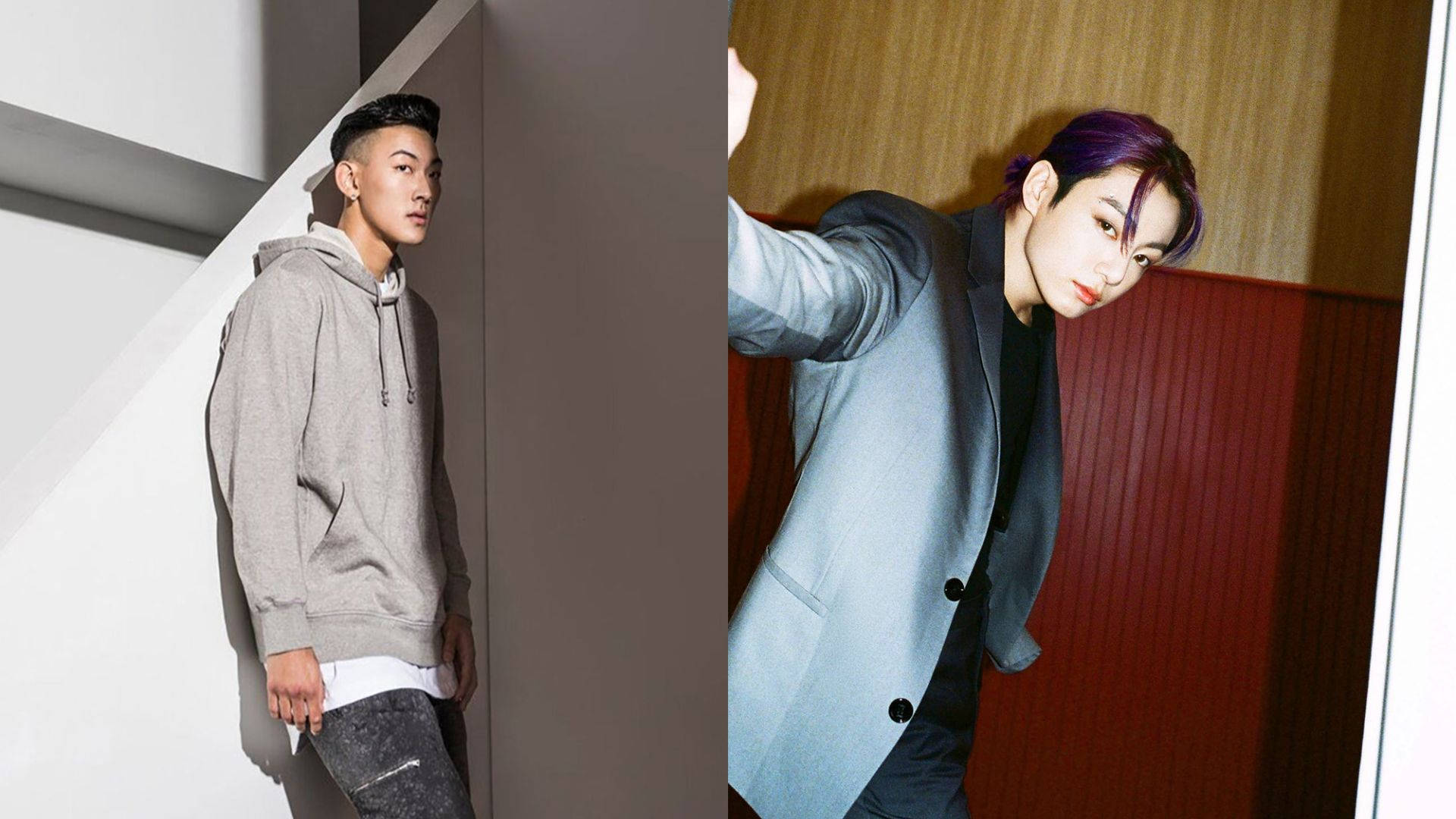 BTS 金泰亨與男模特同框 壁紙 — 兩位時尚男士在現代室內自信擺姿勢，一位穿灰色連帽衫，另一位穿西裝外套配紫色頭髮。