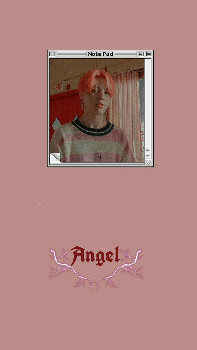 一個粉紅色頭髮的人在記事本視窗中，帶有「Angel」文字和閃電圖案。