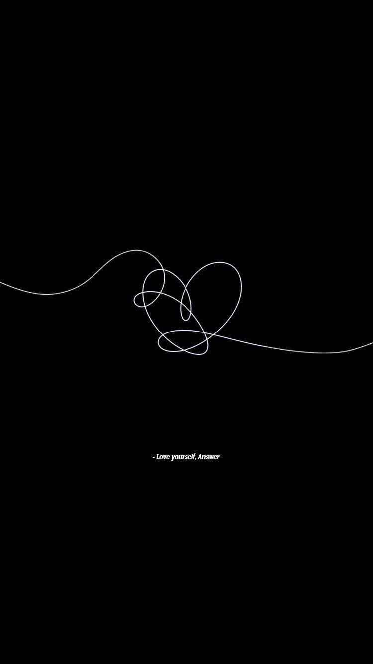黑色背景上的白色線條心形，文字「Love yourself. Answer」