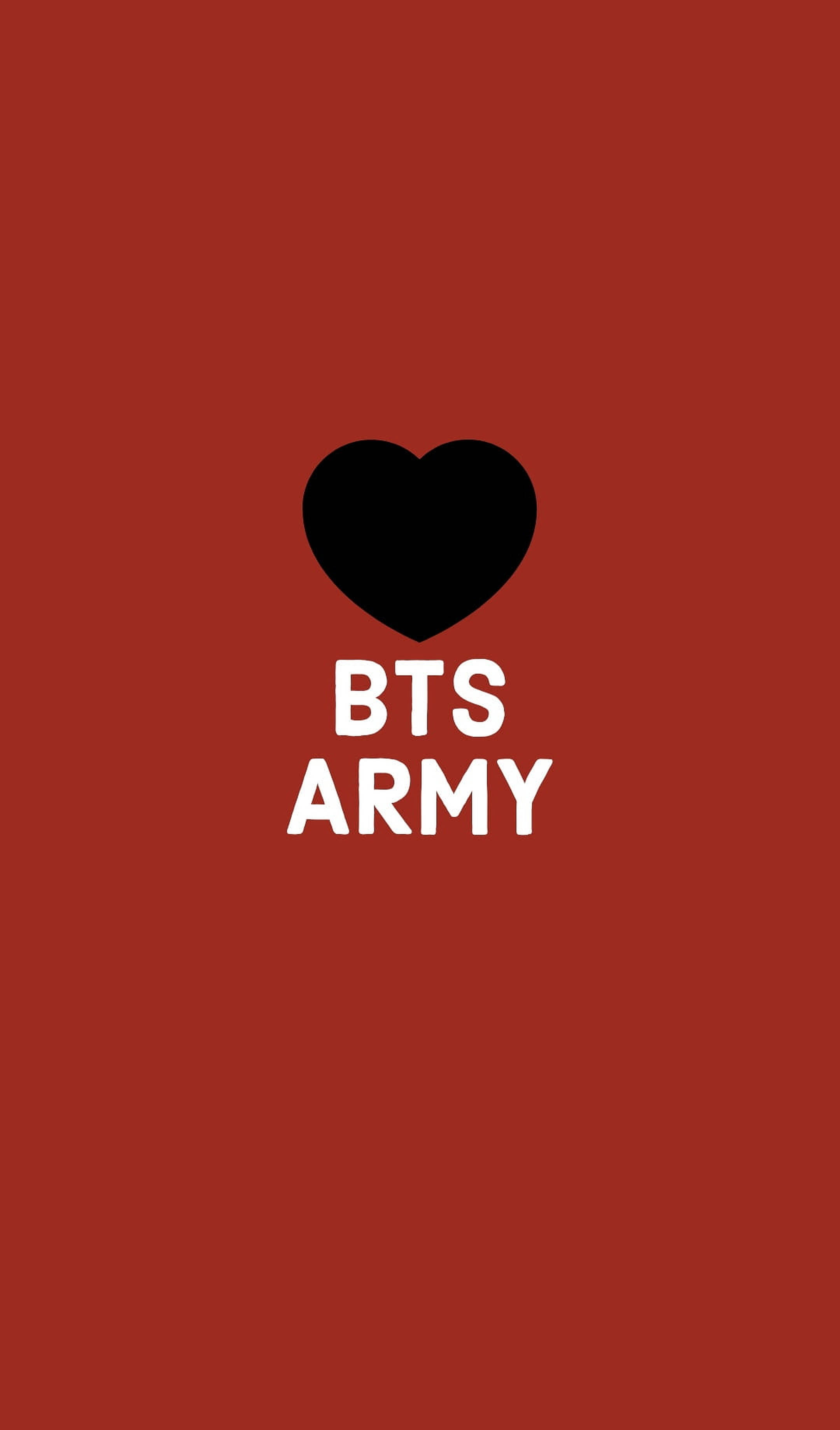 BTS黑色心形ARMY 壁紙 — 一個大膽的黑色心形和白色文字 BTS ARMY 居中在純紅色背景上。