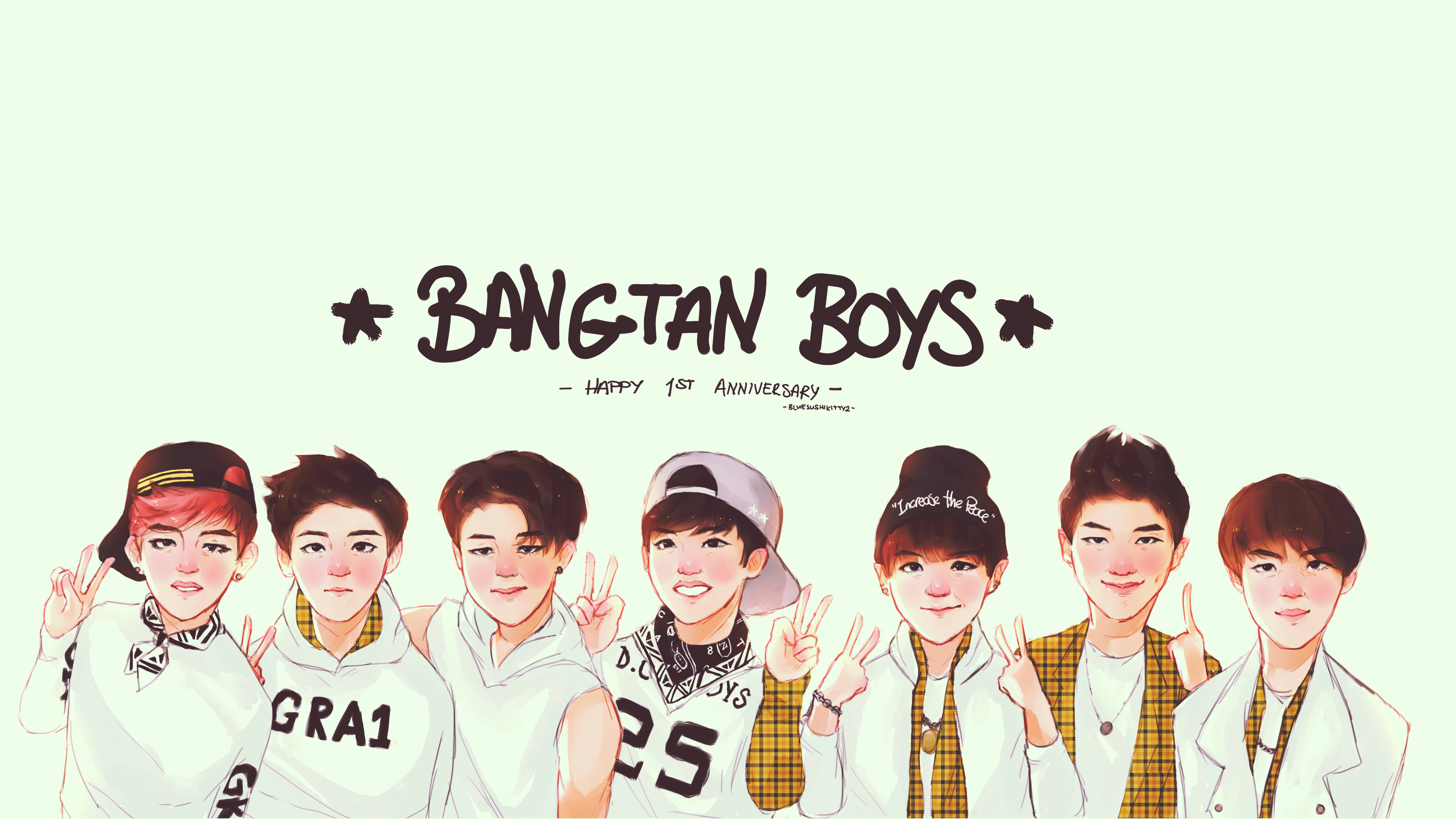可愛BTS「Bangtan Boys」插畫 壁紙 — 七個插圖風格的K-pop偶像穿著白色和黃色服裝，在淺綠色背景前愉快地擺姿勢，並帶有慶祝文字。