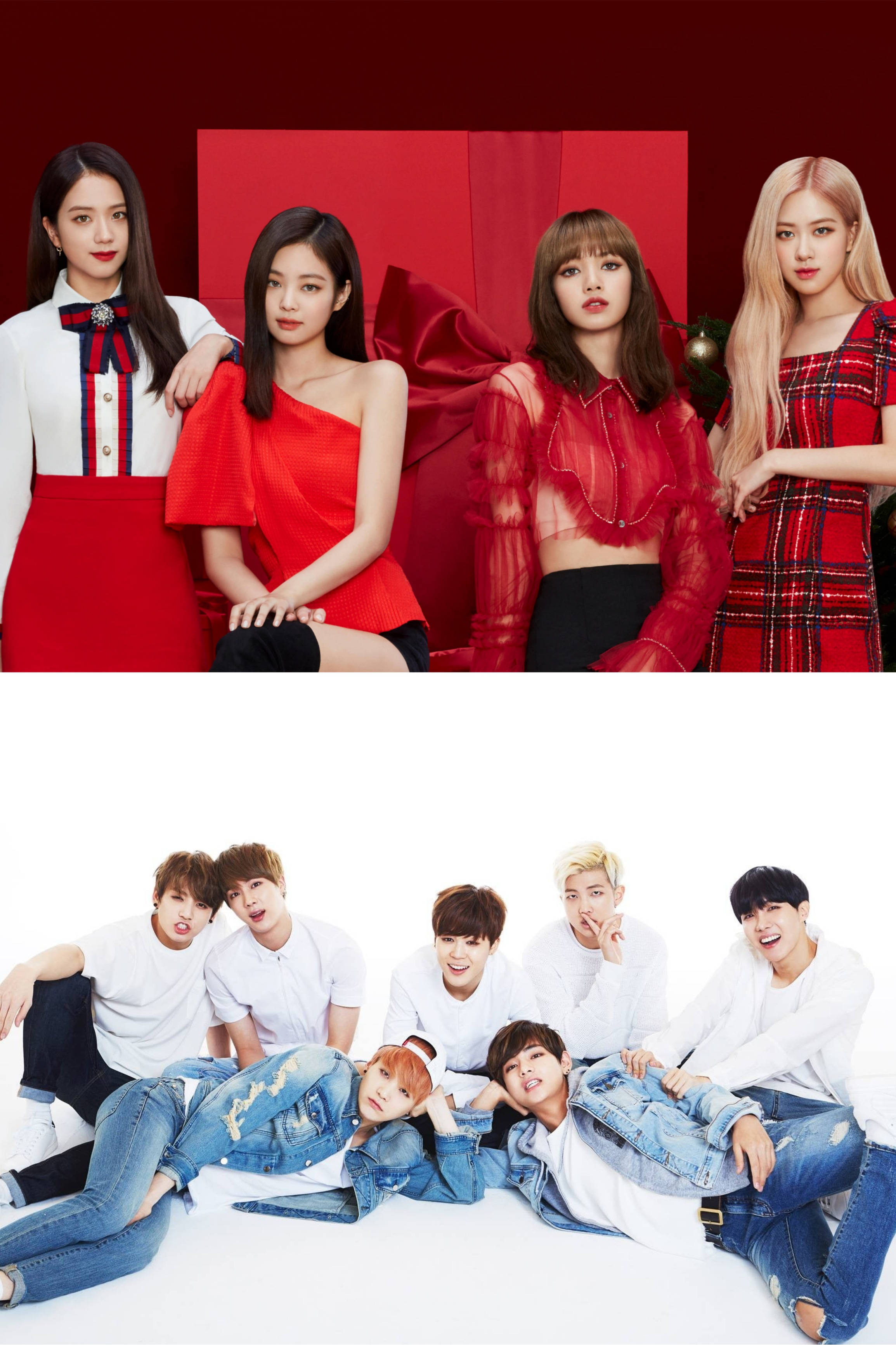 BTS與BLACKPINK主題攝影 壁紙 — 五名身穿紅色服裝的女性在鮮明的紅色背景前擺姿勢，而七名身穿白色T恤和牛仔褲的男性則躺在白色地板上。