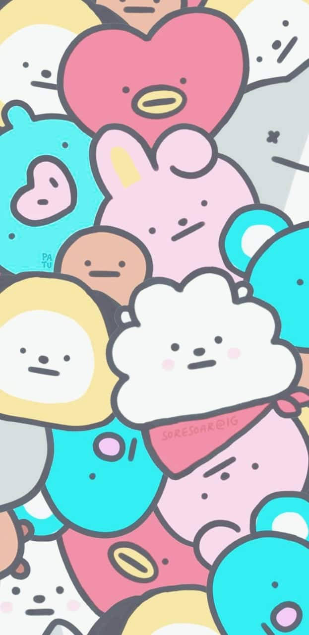 BTS卡通BT21塗鴉 壁紙 — 充滿活力的牆紙，可愛卡通角色擁有簡單面孔和柔和粉彩顏色，以玩味方式重疊在一起。