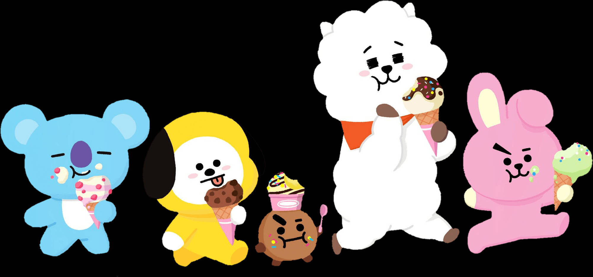 BTS卡通BT21與美食 壁紙 — 五隻可愛嘅卡通動物喺黑色背景前享用色彩繽紛嘅雪糕筒。