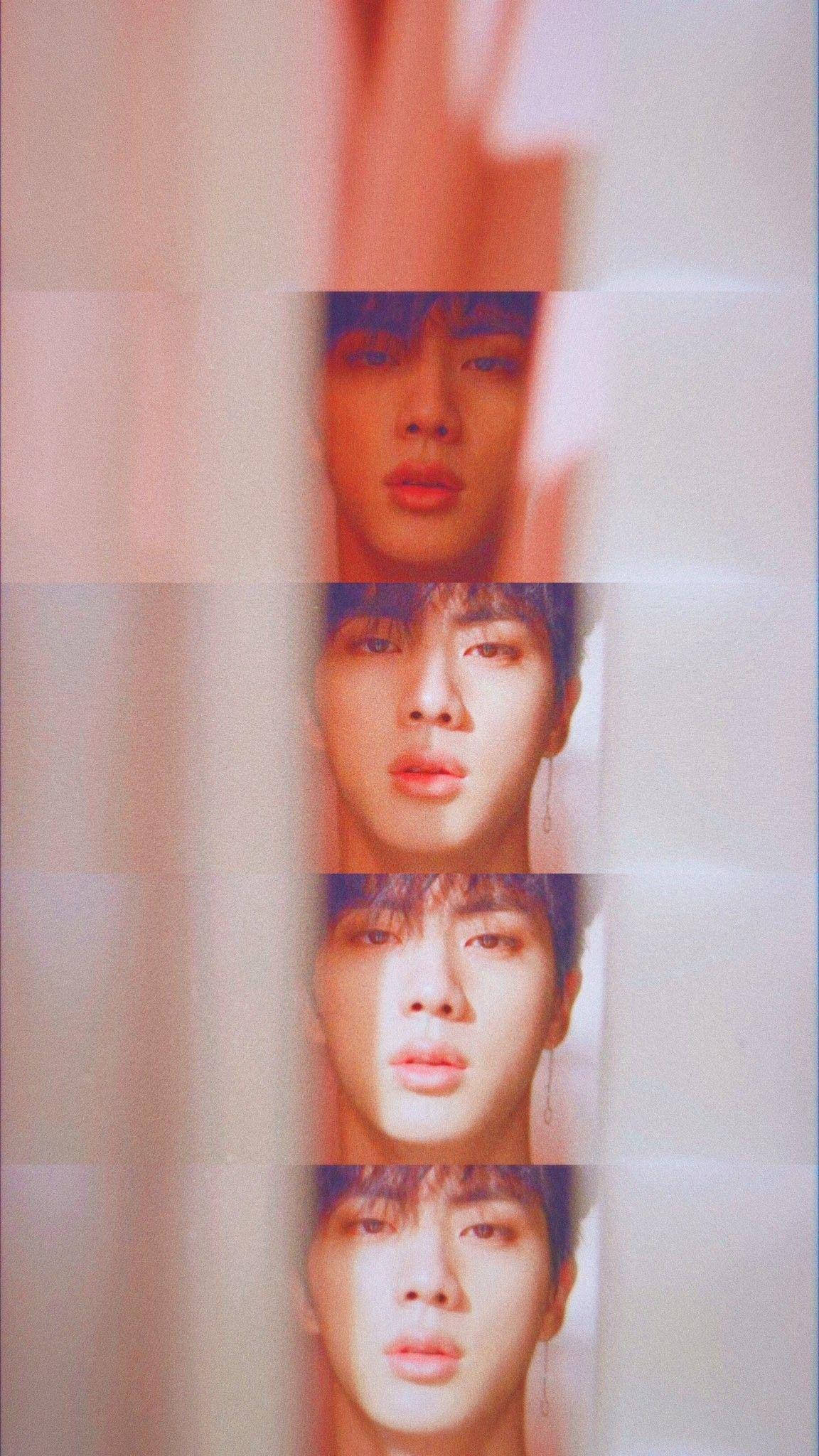 BTS《Fake Love》金南俊特寫 壁紙 — 四張疊加的年輕男子特寫肖像，光線柔和，帶有暖色調的模糊垂直條紋。