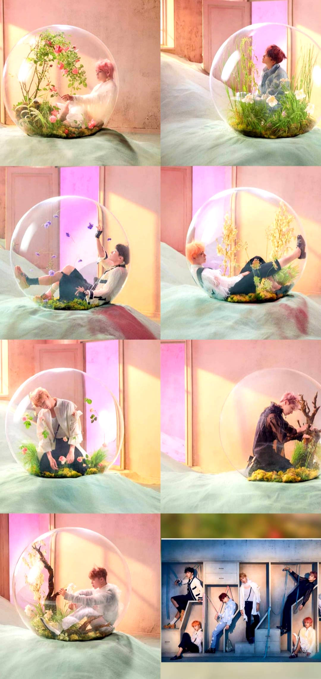 BTS《Love Yourself: Answer》專輯鎖屏壁紙 壁紙 — 六個男人在玻璃球內，內有微型植物和花朵，背景是柔和色調的牆壁，其中一個面板顯示他們在走廊中。