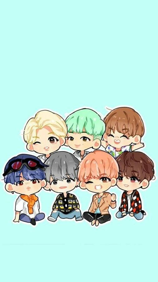BTS可愛Q版淺藍色 壁紙 — 七個色彩繽紛頭髮、穿著不同服裝的Q版動畫男孩，一起坐在柔和的薄荷色背景前。