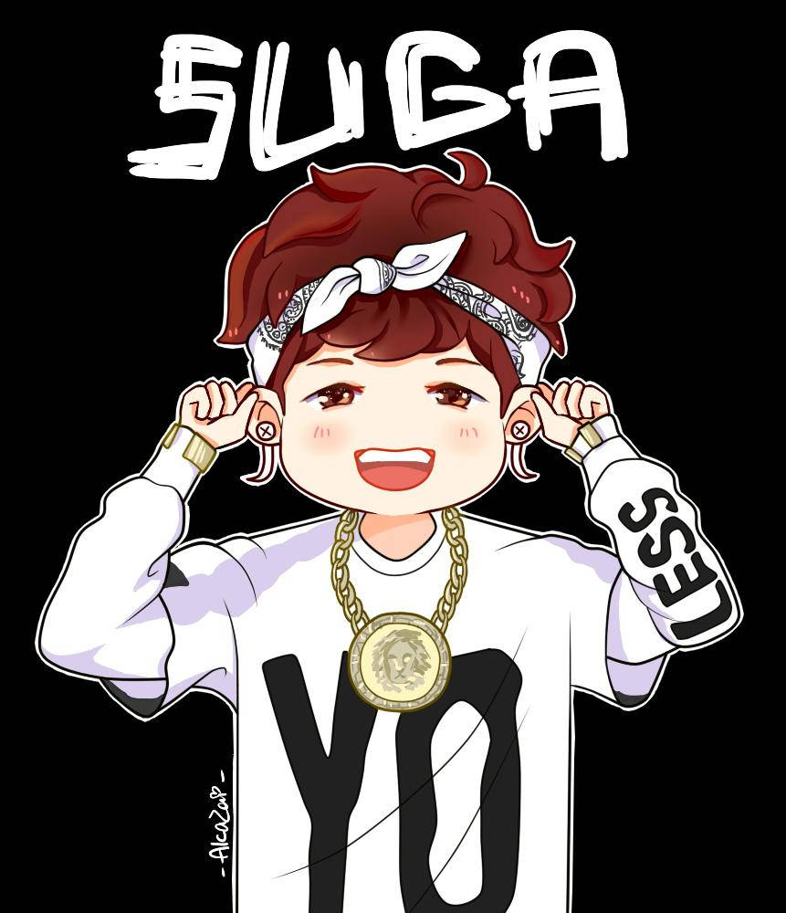 BTS動漫SUGA 三美元鏈 壁紙 — 一個開朗的動漫風格角色，紅頭髮戴頭巾，在黑色背景前微笑著調整耳環。