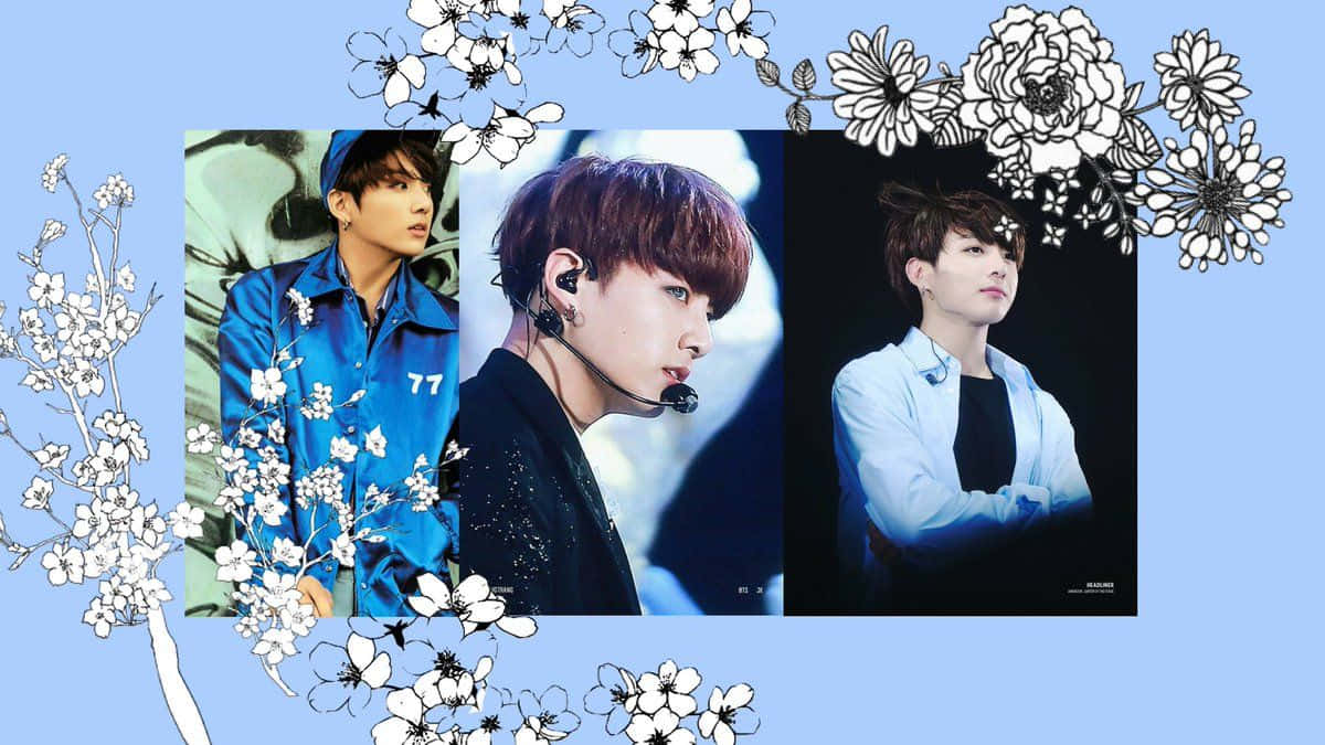 BTS全球偶像Jungkook展現巨星風采 壁紙 — 三位男偶像穿著時尚服裝，被精緻的白色花卉塗鴉框在柔和的藍色背景上。