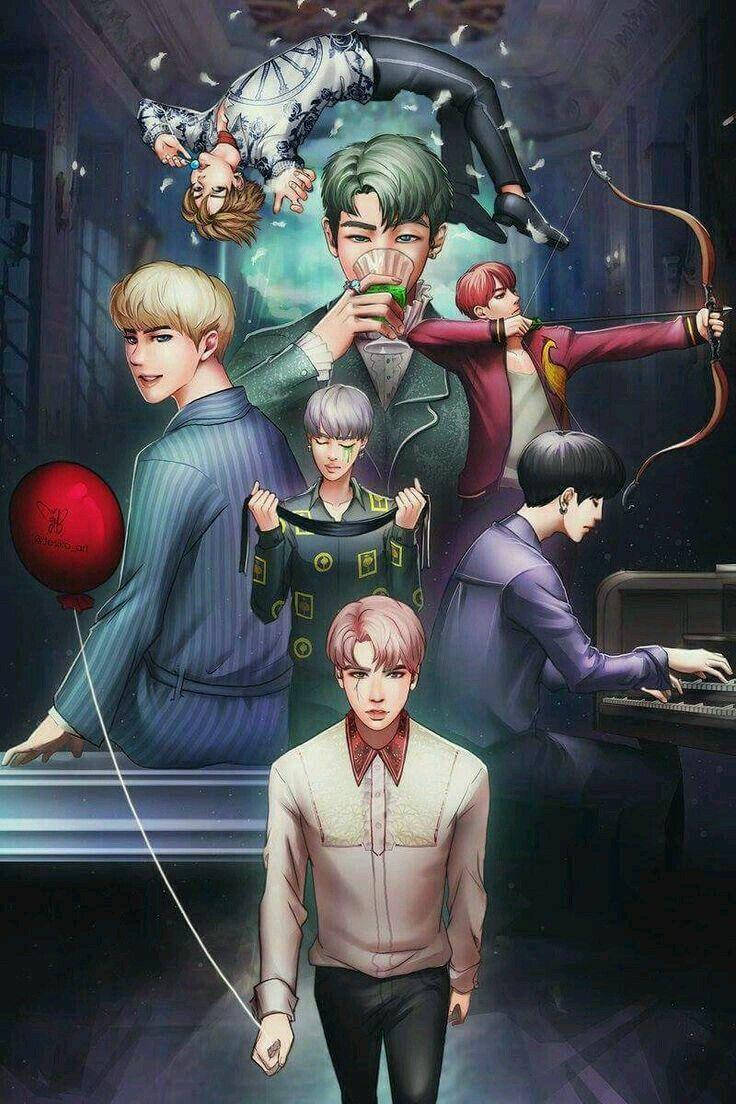 BTS動漫《Blood Sweat and Tears》粉絲創作 壁紙 — 七個風格化的動畫男性在昏暗的房間裡進行各種活動，如彈鋼琴、喝酒和射箭，周圍有漂浮的氣球和羽毛。