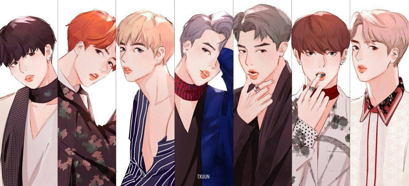 BTS動漫《Blood Sweat and Tears》成員分鏡 壁紙 — 七位時尚動漫風格的男士穿著時尚服裝，在帶有柔和粉彩調的純白背景前擺姿勢。