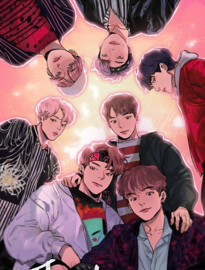 BTS動漫《Time Magazine》風格 壁紙 — 七位動漫風格的男性偶像形成一個發光的星爆，周圍環繞著充滿活力的粉紅色和橙色色調。