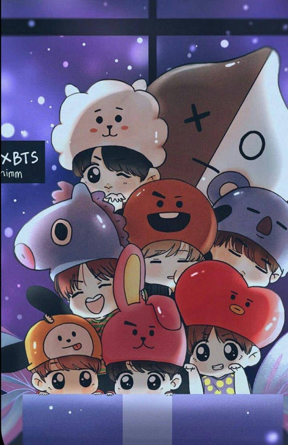BTS動漫BT21頭飾 壁紙 — 七個卡通風格的BTS成員從色彩繽紛的動物帽子後面窺視，背景是星光閃爍的紫色夜空。