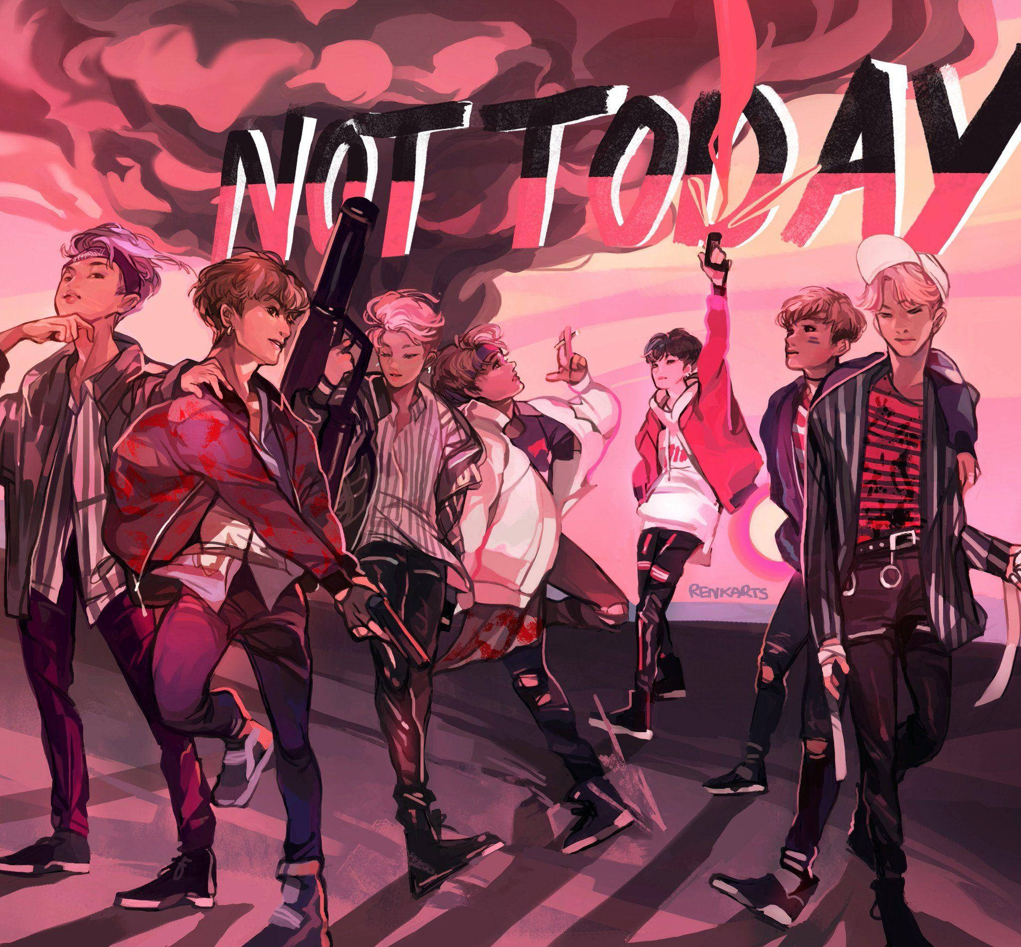 BTS動漫Not Today 壁紙 — 七個風格化的動畫男孩穿著前衛服裝，在粉紅色天空下自信地擺姿勢，並帶有粗體「NOT TODAY」文字。