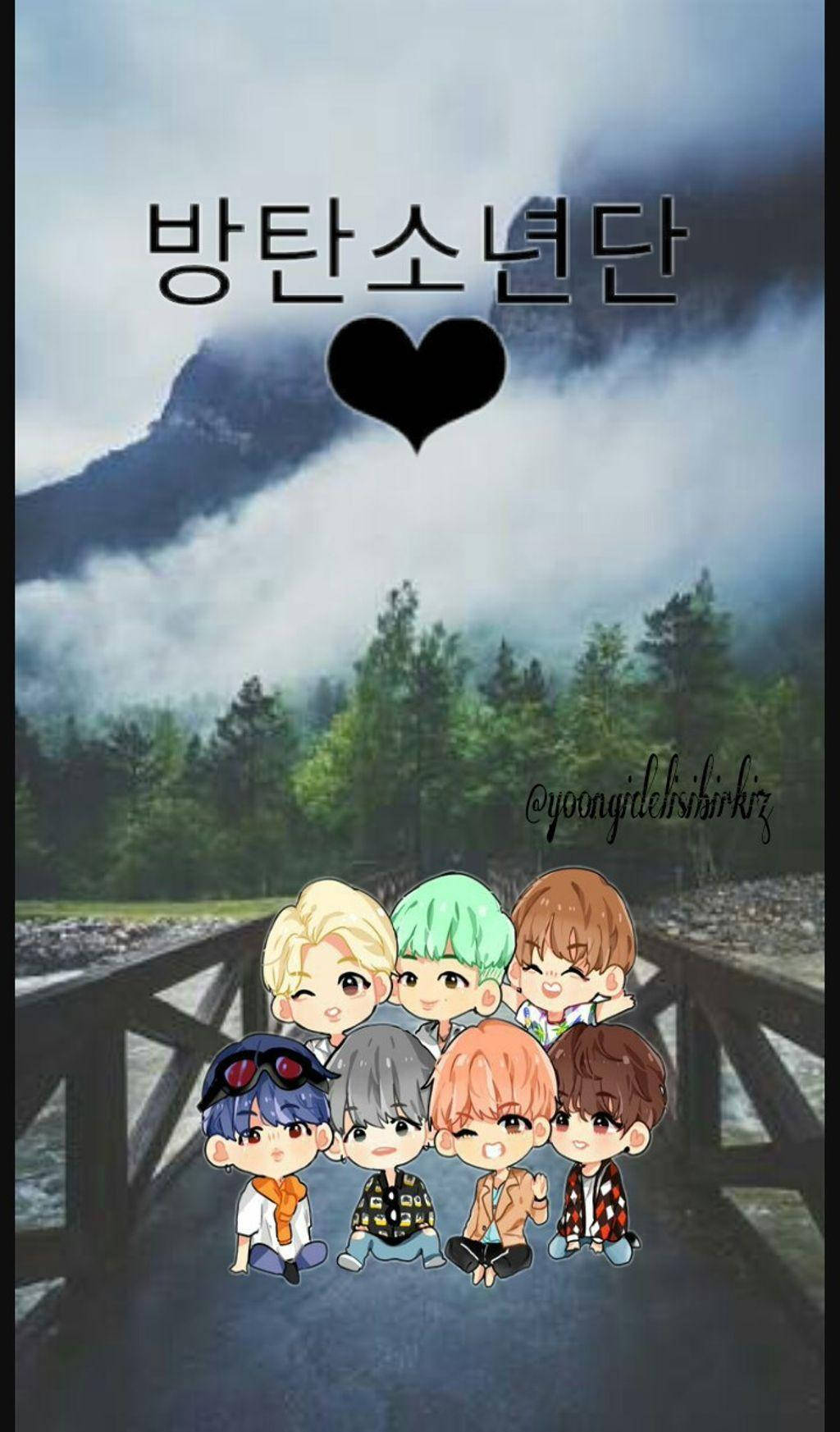 Chibi BTS成員在橋上，身後有霧濛濛的山脈。