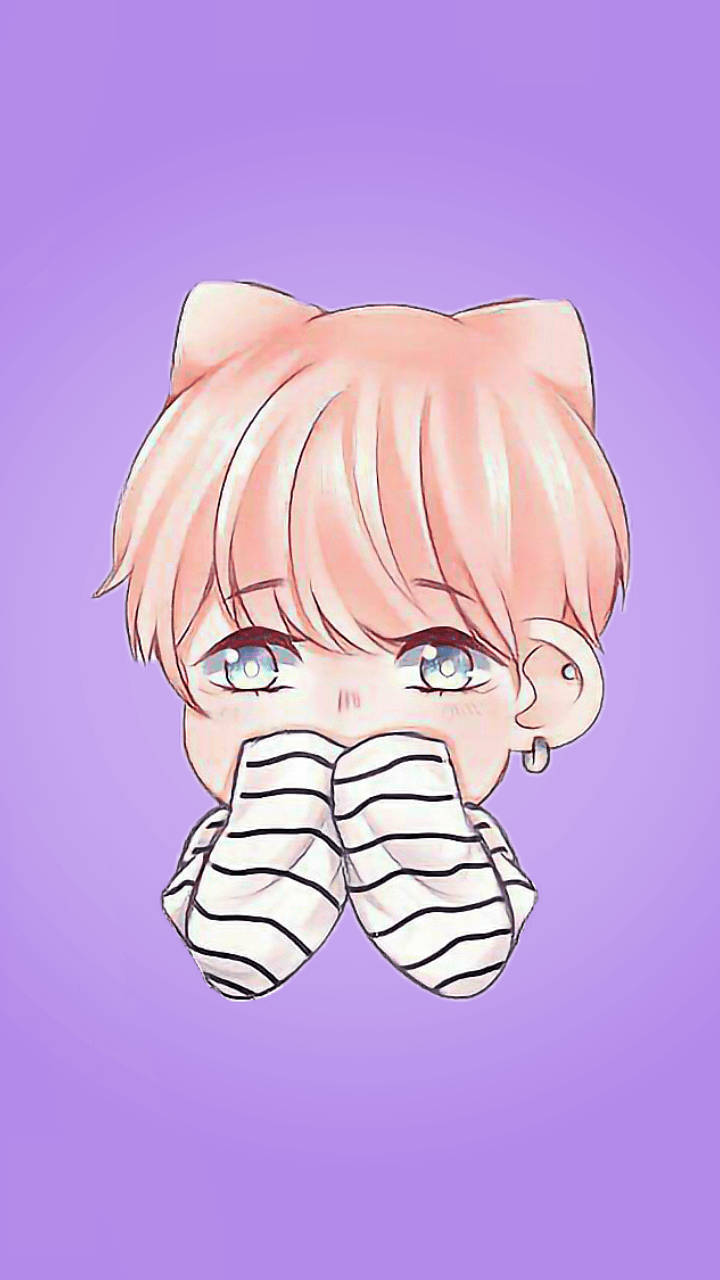 動漫男孩，粉紅色頭髮和貓耳朵，用條紋襪子捂住嘴巴，紫色背景。