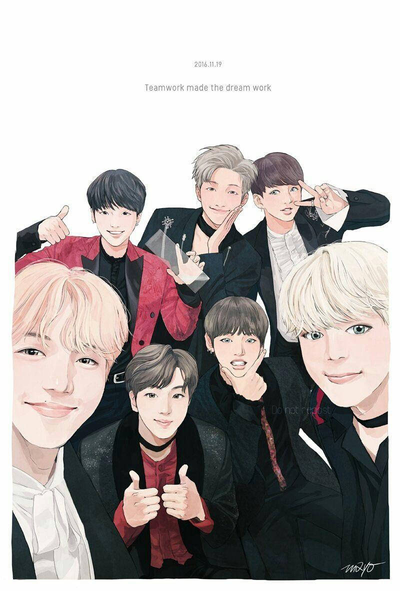 BTS動漫風格合照 壁紙 — 七位身穿時尚黑色和紅色服裝的年輕男性在明亮的插圖團體肖像中愉快地擺姿勢。