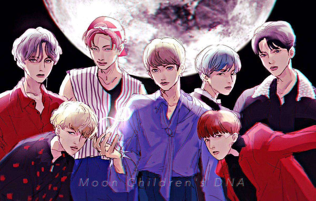 BTS動漫風格月夜 壁紙 — 七個動漫風格嘅男性角色，頭髮色彩繽紛，企喺一個大月亮前面，手持發光嘅DNA鏈。