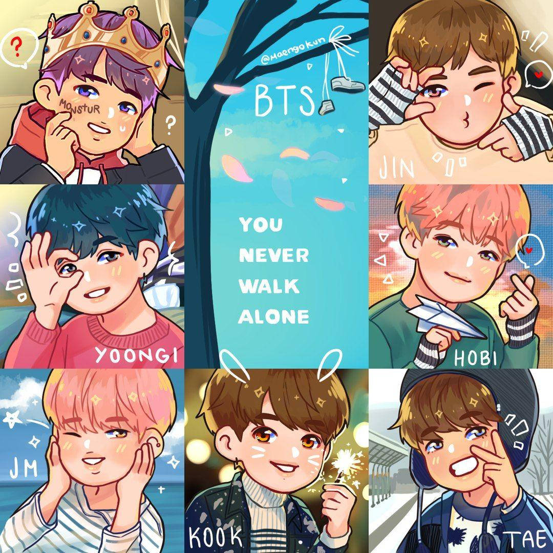 BTS動漫風格集錦 壁紙 — 一幅充滿活力的動漫風格拼貼畫，描繪了八位BTS成員以可愛的Q版形態出現，每位都有獨特的表情和配飾，背景色彩繽紛。