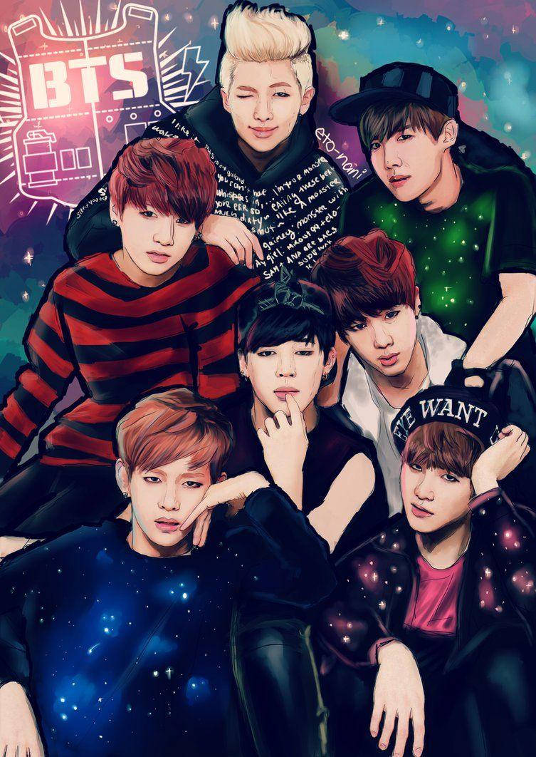 BTS動畫銀河 壁紙 — 七位擁有鮮豔髮色的年輕男子在帶有 'BTS' 標誌的宇宙星空背景下自信地擺姿勢。
