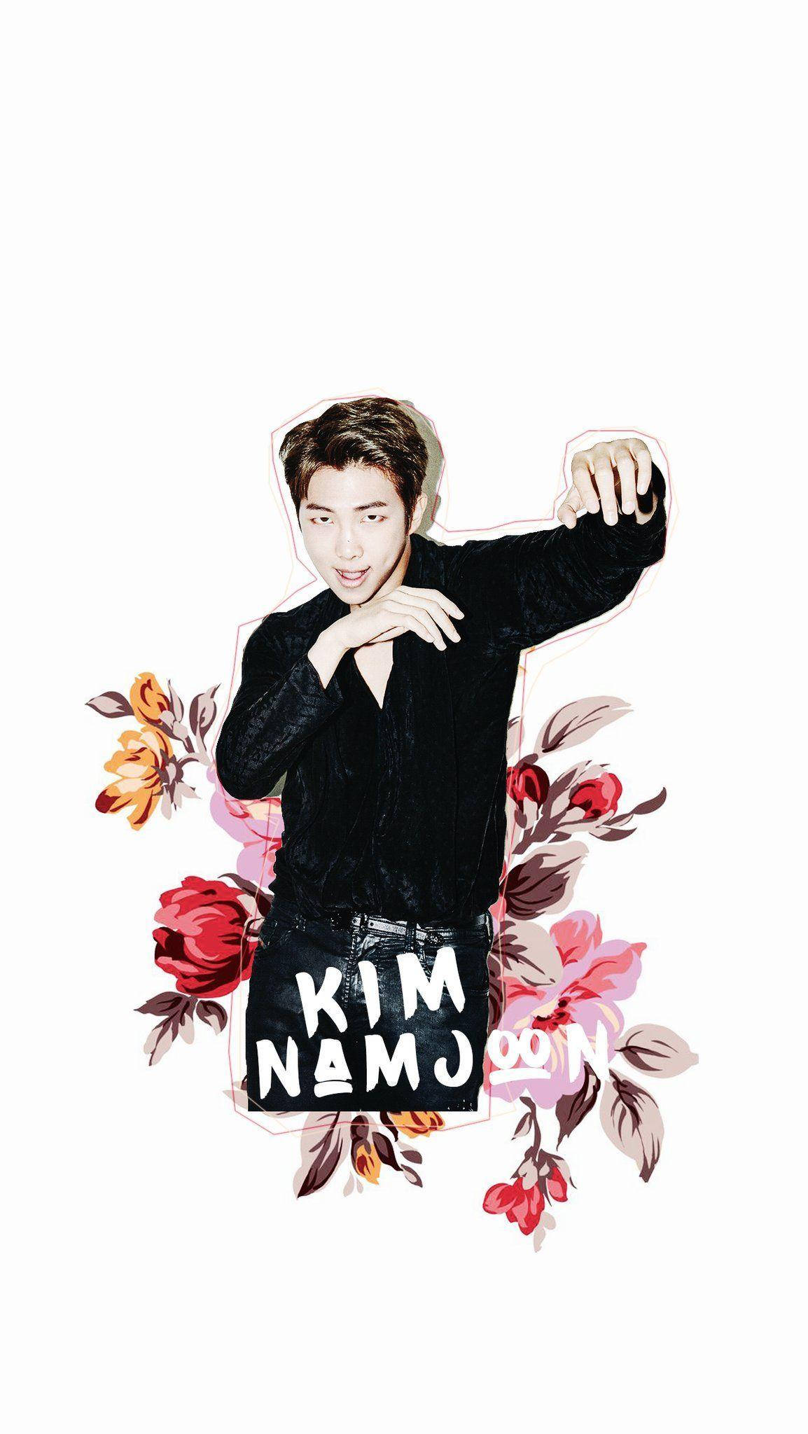 BTS南俊「RM」 壁紙 — 一位身穿黑色服裝的年輕男子自信地擺姿勢，周圍環繞著鮮豔的紅色、粉紅色和橙色花卉插圖。