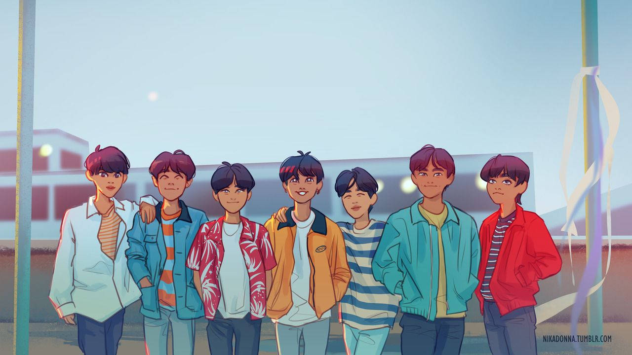 BTS卡通《Euphoria》 壁紙 — 七個動漫風格的青少年穿著色彩繽紛的夾克，在黃昏時分一起站在屋頂上，背景是城市建築。