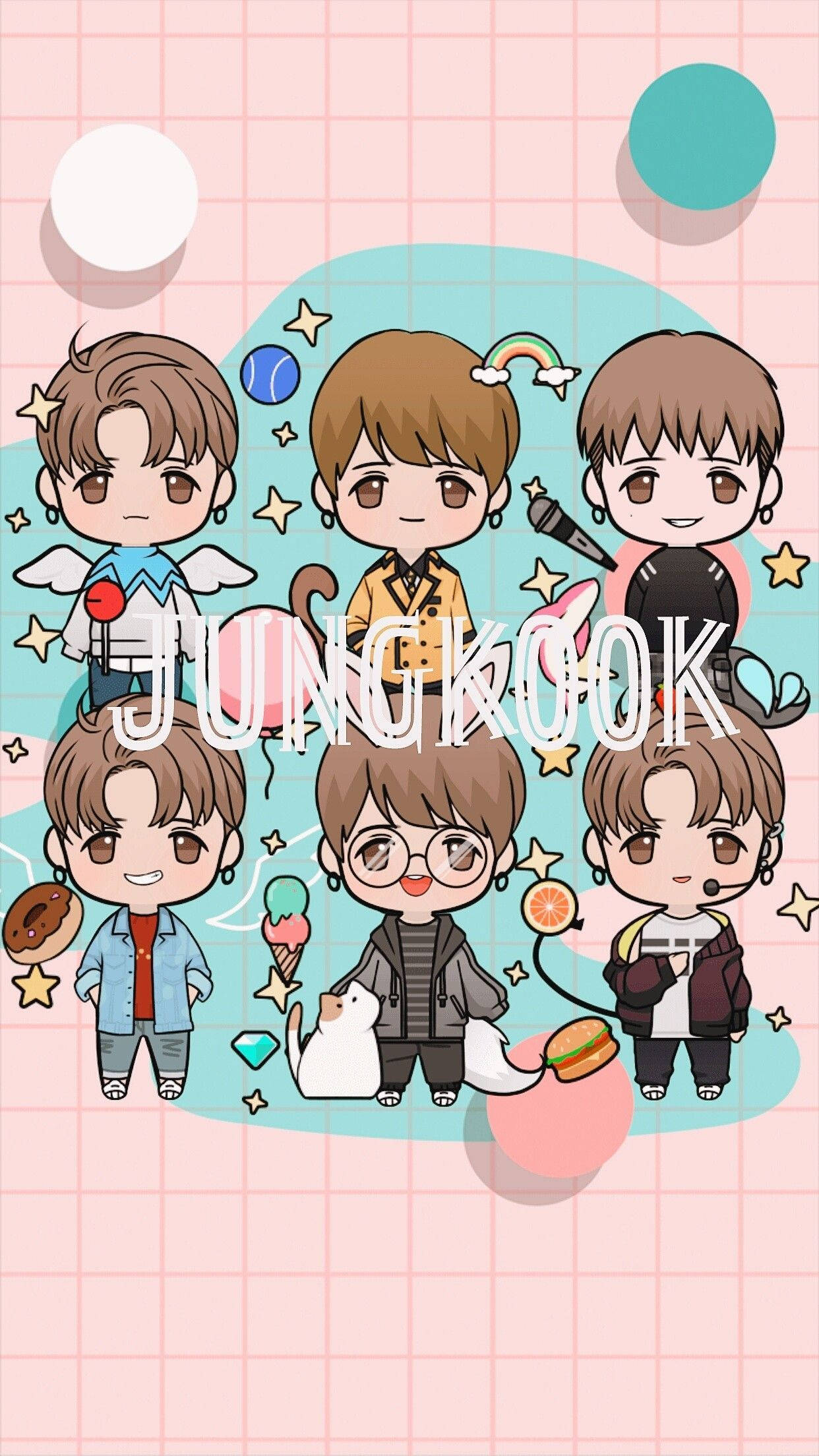 BTS卡通 Jungkook 壁紙 — Q版卡通角色，棕色頭髮，可愛配飾，漂浮在粉紅色網格背景上，有星星和食物。