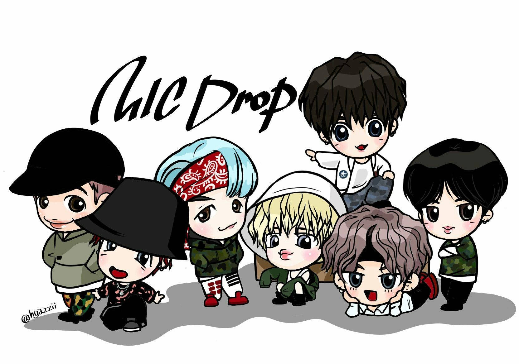 BTS卡通 Mic Drop海報 壁紙 — 七位K-pop偶像以Q版卡通風格插圖在「Chic Drop」文字下一同擺姿勢。