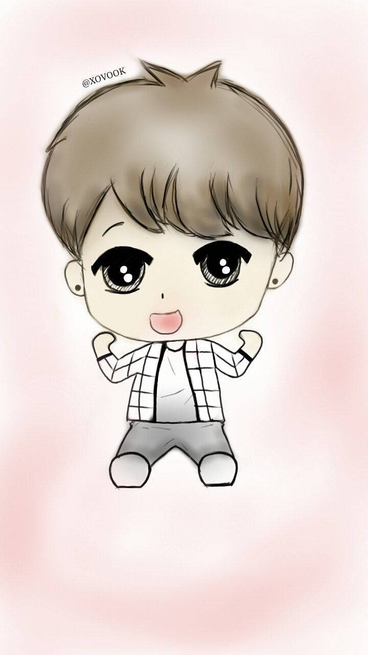 BTS卡通Jungkook 壁紙 — 一個可愛的Q版男孩，大眼睛，棕色頭髮，穿著格子襯衫，在柔和的粉紅色背景前微笑著展示肌肉。