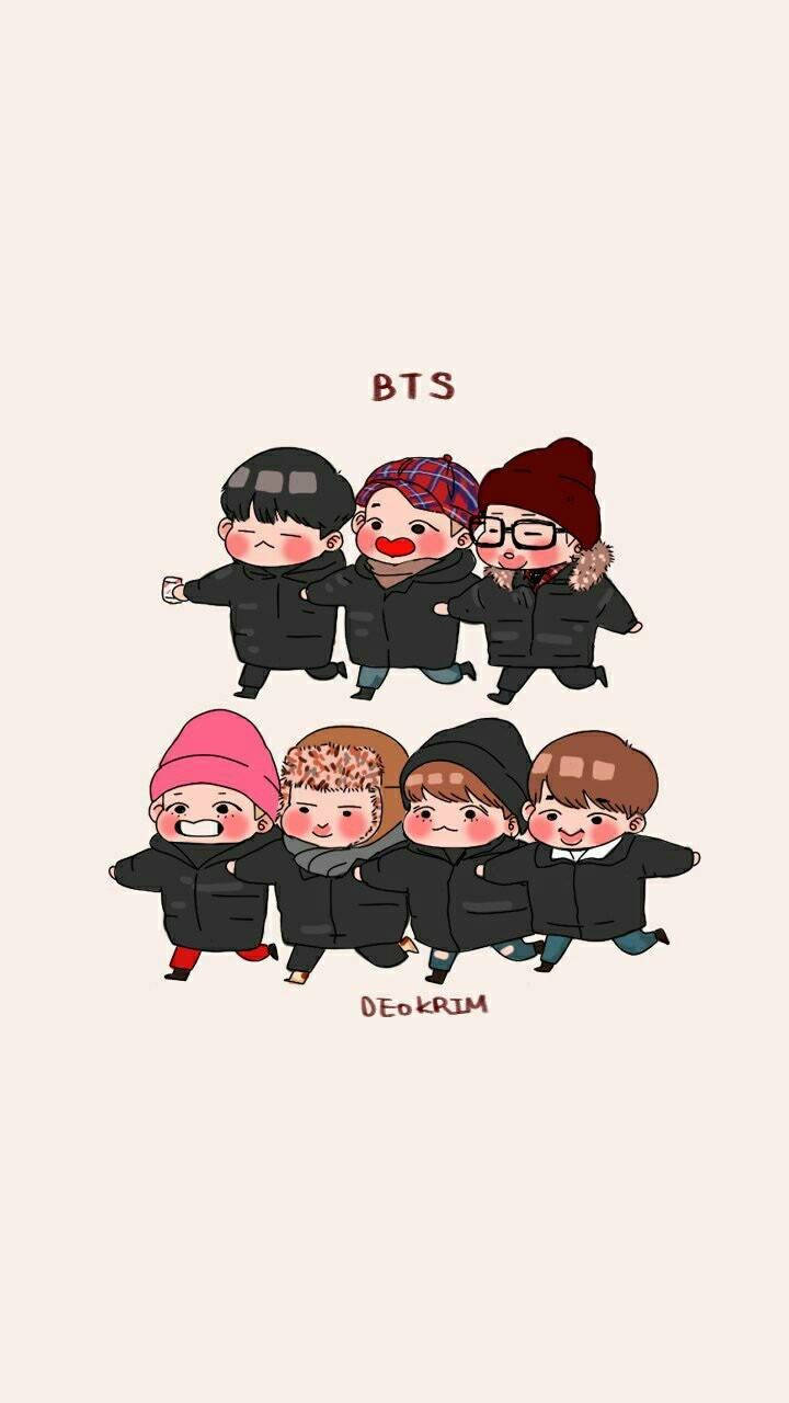 BTS卡通Q版 壁紙 — 七位BTS成員穿著冬季外套和帽子，在純米色背景上一起擺姿勢的Q版卡通插圖。