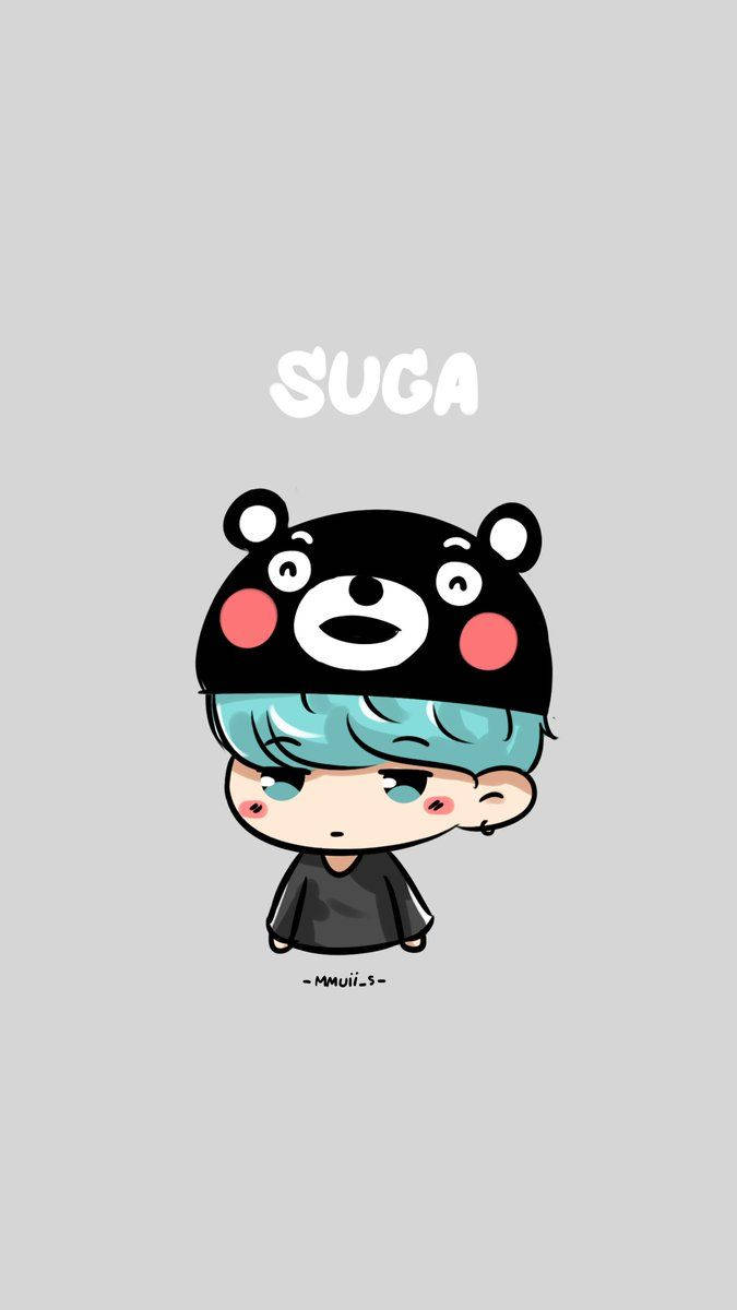 BTS卡通Suga 壁紙 — 一個可愛的Q版角色，藍色頭髮，戴著黑色熊帽，站在純灰色背景前。