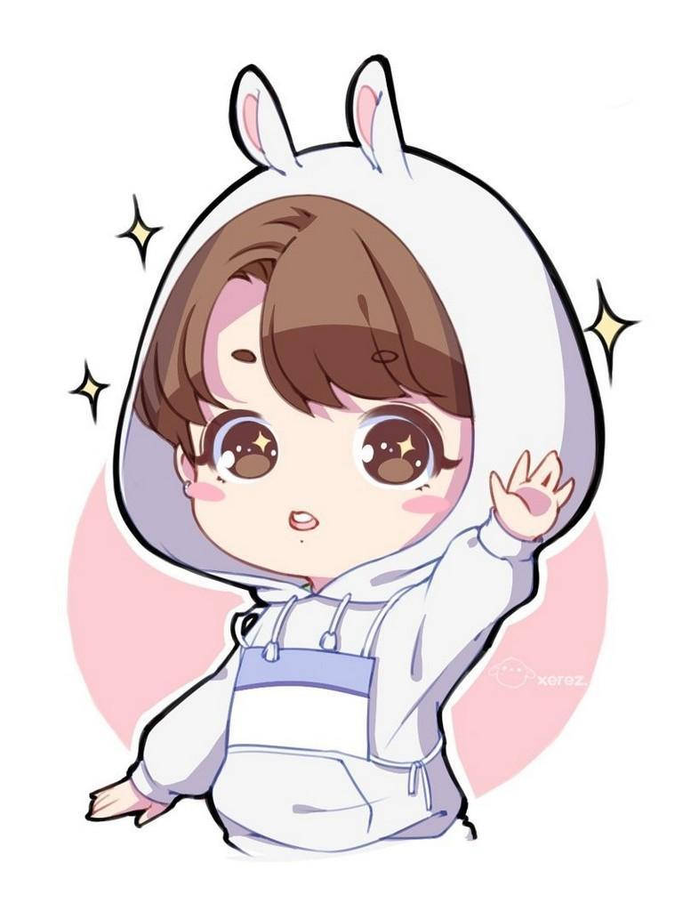 BTS卡通可愛JungKook 壁紙 — 一個可愛的動漫風格角色穿著白色兔子連帽衫，在柔和的粉紅色背景前，周圍閃爍著光芒，開心地揮手。