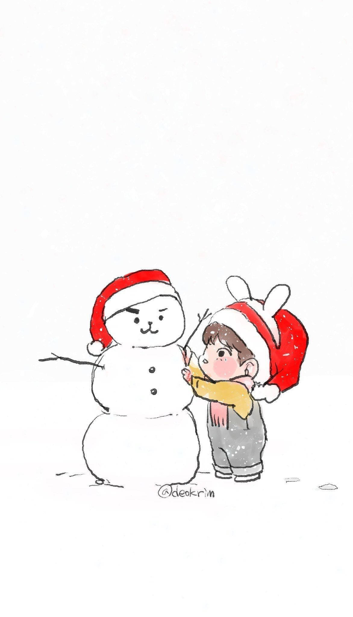 BTS卡通堆雪人 壁紙 — 一個戴著紅色聖誕老人帽的小孩在雪白的冬日場景中擁抱一個戴著相同帽子的雪人。