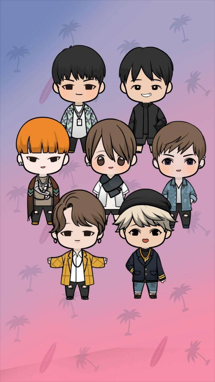 BTS卡通漸層紫粉背景 壁紙 — 七個休閒裝扮的Q版動畫男孩站在粉紫漸變背景上，背景有棕櫚樹剪影。