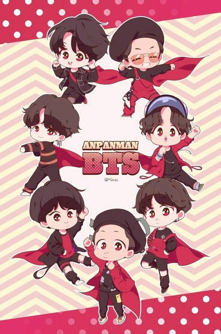 BTS卡通紅色海報 壁紙 — 以Q版風格呈現的BTS成員，身穿紅色斗篷，在粉白相間的鋸齒背景和圓點邊框前動感擺姿勢。