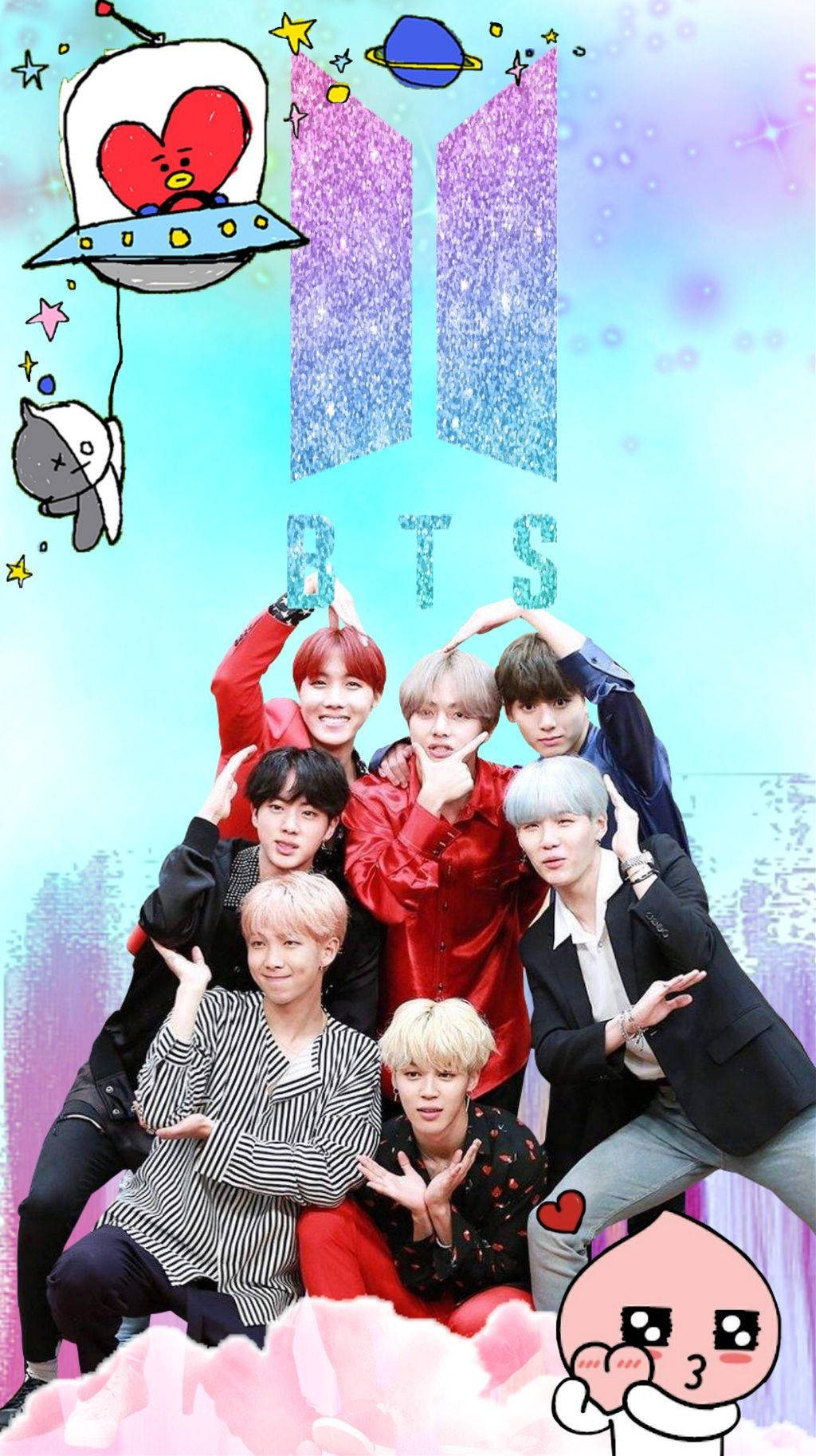 BTS卡通與標誌 壁紙 — 七位BTS成員在閃爍的宇宙背景下，與卡通外星人和漂浮的心形圖案一起俏皮地擺姿勢。