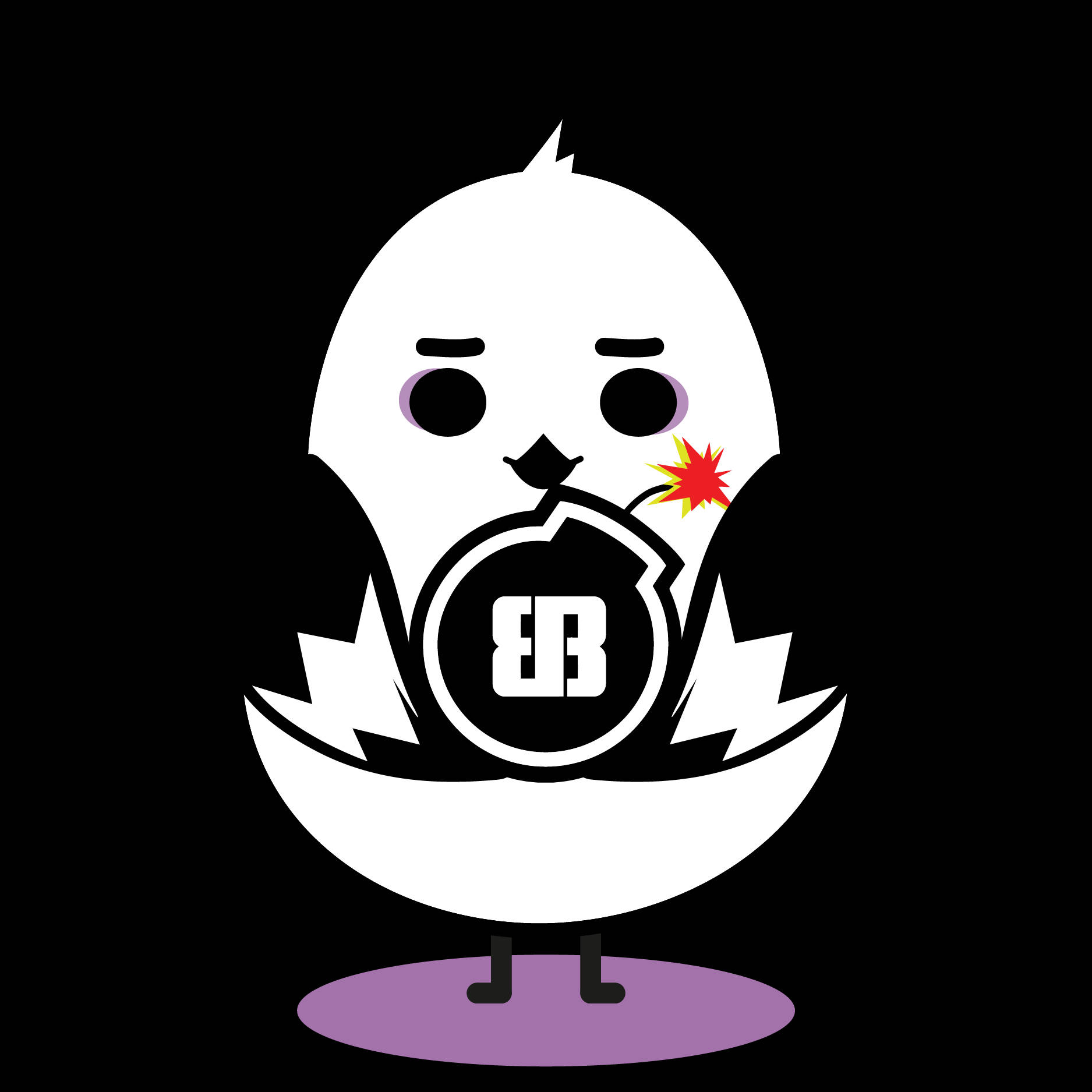BTS卡通鳥 壁紙 — 一隻白色卡通小雞，紫色腳，拿著一個寫有 'EB' 的炸彈，喙邊有紅色爆炸，背景為黑色。