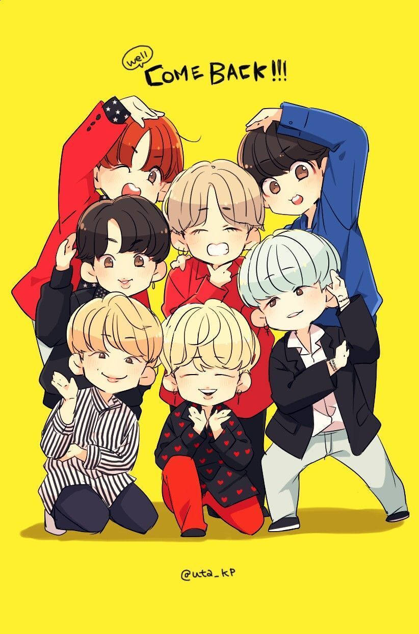 BTS卡通黃色背景 壁紙 — 七個動漫風格男孩穿著色彩繽紛的服裝，在明亮的黃色背景前開心地擺姿勢，並帶有「COME BACK!!!」對話框。